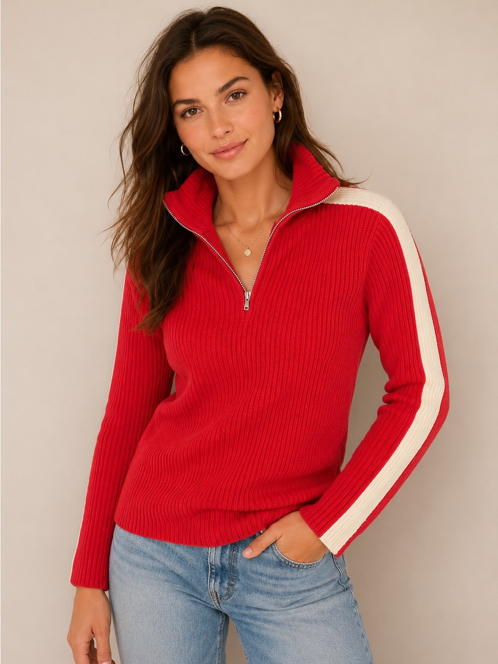 GAP Red Ribbed Half Zip Turtleneck Sweater Cream Stripe Sleeve Size S